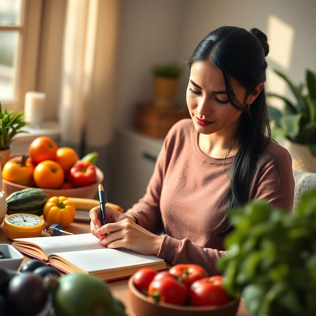 Create a photorealistic image depicting a person writing affirmations in a journal, surrounded by healthy food choices like fruits and vegetables. The scene should be lit with natural light, creating a warm and inspiring atmosphere. The focus should be on the person's focused expression and the act of writing. Render in 4K resolution.