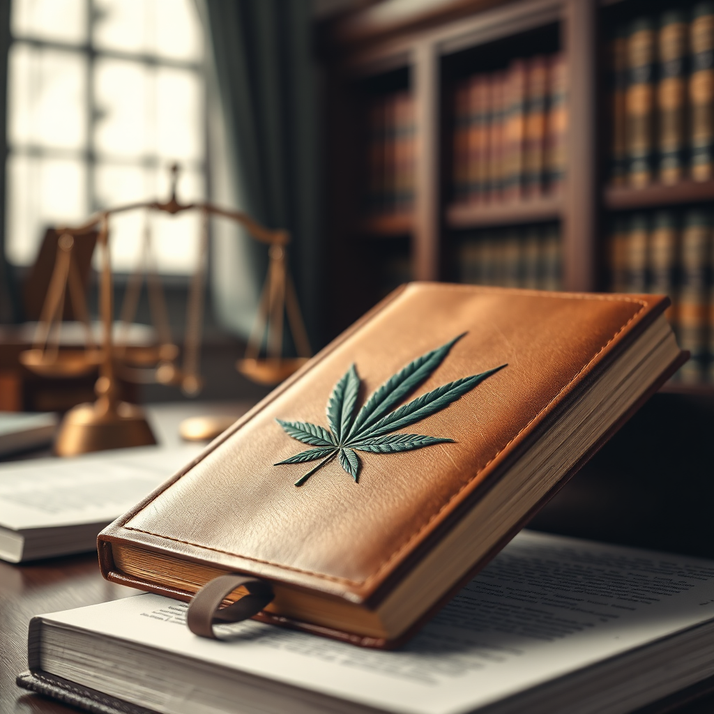 Create a photorealistic image depicting a law book with a cannabis leaf subtly imprinted on the cover. The scene is set in a well-lit study with legal documents and scales of justice in the background. Lighting should be professional and authoritative, emphasizing the seriousness of legal compliance. The color palette is muted and serious, with shades of brown, green, and gold. Camera angle is close-up, focusing on the book's details. Textures should be realistic, highlighting the leather and paper. Use a style similar to legal textbook photography. Reference images include law library images. The overall feeling should be informative and reassuring.