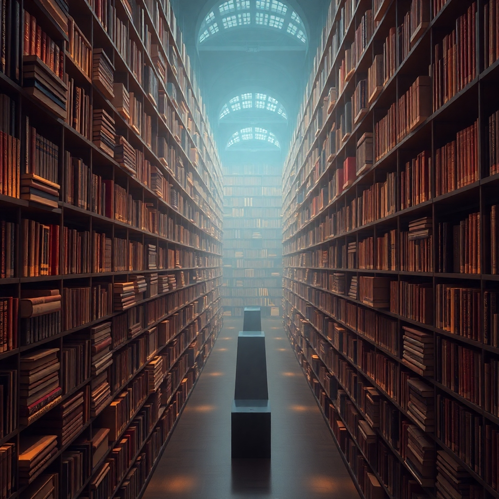 Create a photorealistic image of a vast library filled with books. Each book is glowing faintly, emanating a sense of knowledge and positive energy. The shelves stretch endlessly into the distance. Style reference: magical realism. Technical specs: High quality, detailed rendering.