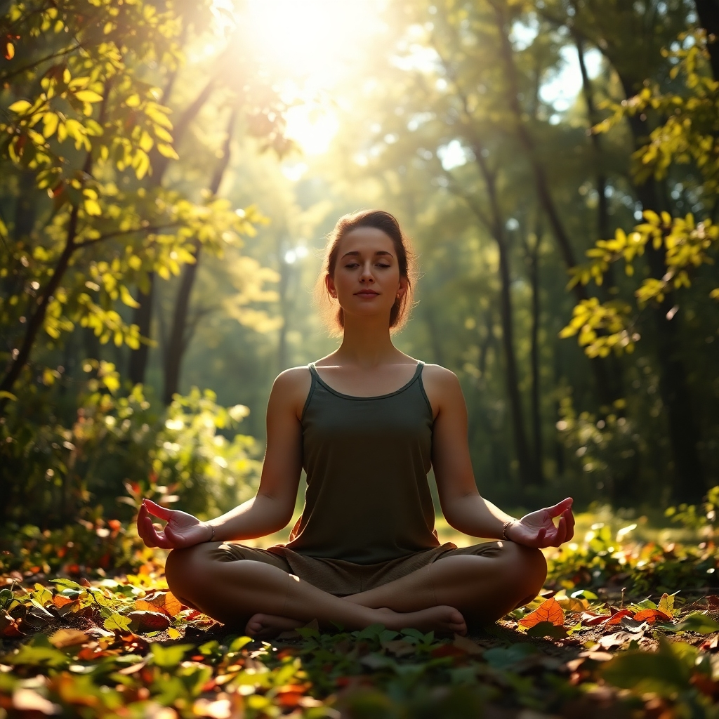 Create a photorealistic image depicting a person meditating peacefully in a lush forest clearing. Sunlight filters through the trees, casting dappled shadows on the ground. The scene should evoke a sense of tranquility and connection with nature. Focus on details like the texture of the leaves, the warmth of the sunlight, and the serenity on the person's face. Color palette: earthy greens, browns, and golds. Style: photorealistic, naturalistic. Technical Specs: 4K resolution, shallow depth of field.