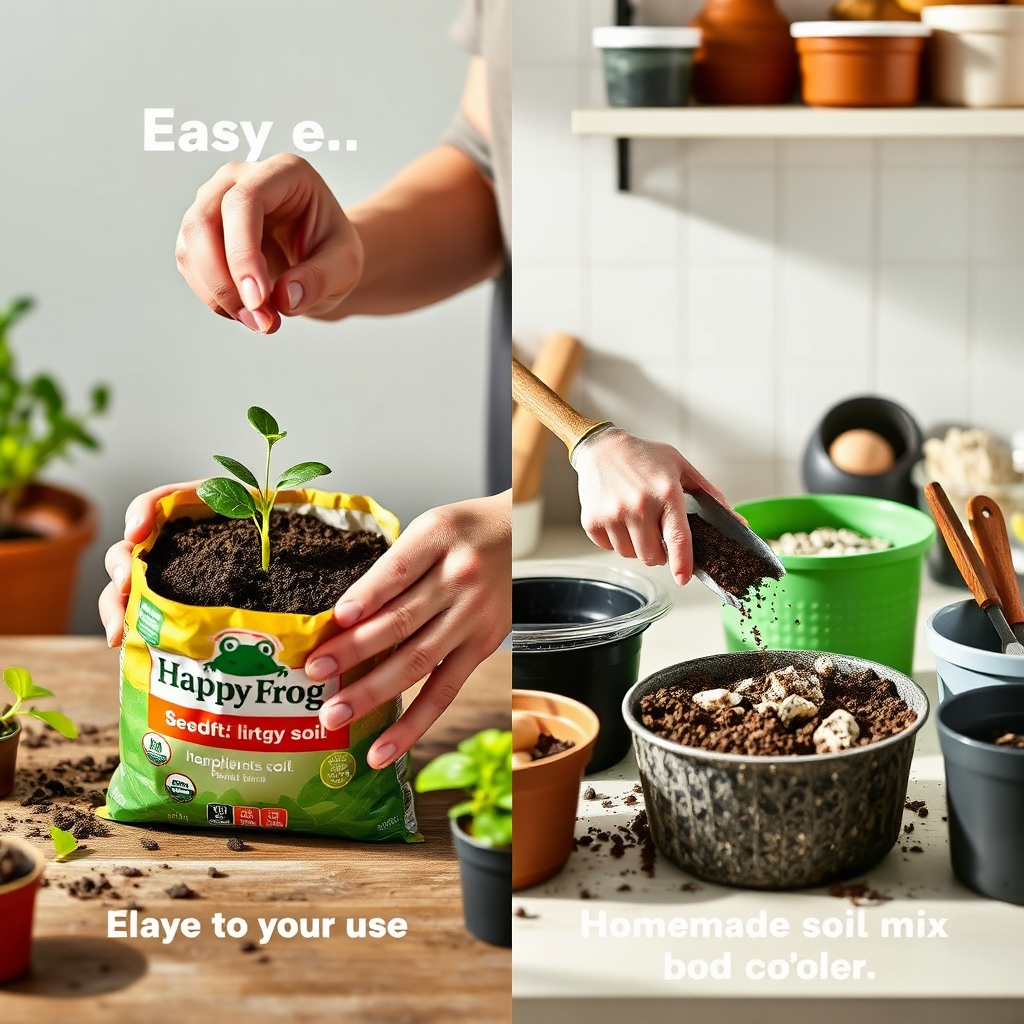 Create a photorealistic image contrasting the ease of use. On the left, depict a person effortlessly planting a seedling directly into a bag of Happy Frog soil. On the right, show a more involved process of mixing various ingredients for a homemade soil mix, with tools and containers. The lighting should be bright and inviting for the Happy Frog side, slightly more complex for the homemade side. The background is a clean, organized potting area. Camera angle: medium shot, focusing on the actions. Style reference: Lifestyle product shot.