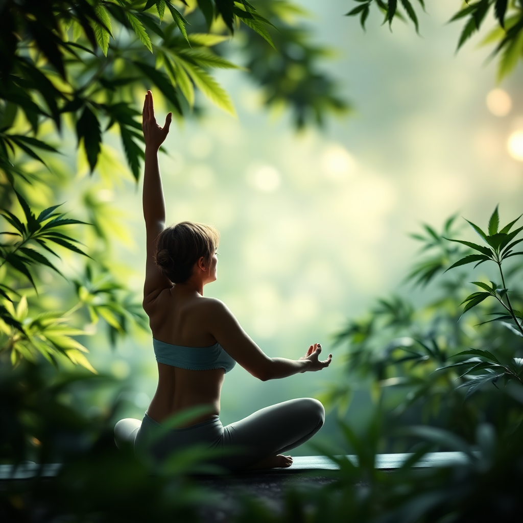 Create a photorealistic image of a person practicing yoga in a serene environment, with subtle cannabis leaves in the background. The lighting should be soft and natural, promoting relaxation. The color palette should be calming and peaceful, with greens and blues dominating. The image should convey a sense of wellness and tranquility.