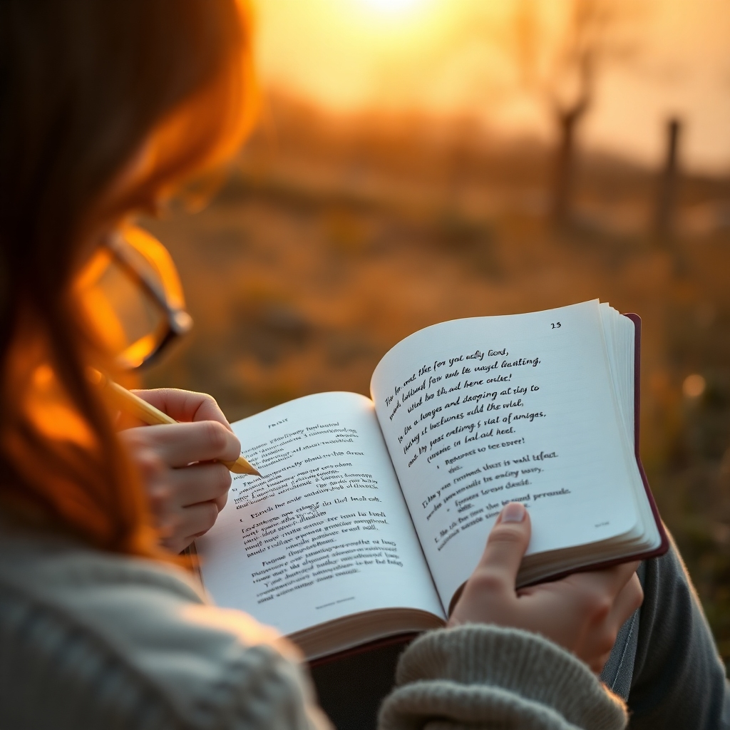 Create a photorealistic image of a person writing in a journal at sunrise. The journal is open to a page filled with positive affirmations. The surrounding environment is peaceful and inspiring, with soft morning light illuminating the scene. The person should appear focused and optimistic. Style reference: cozy realism. Technical specs: High quality, detailed rendering.