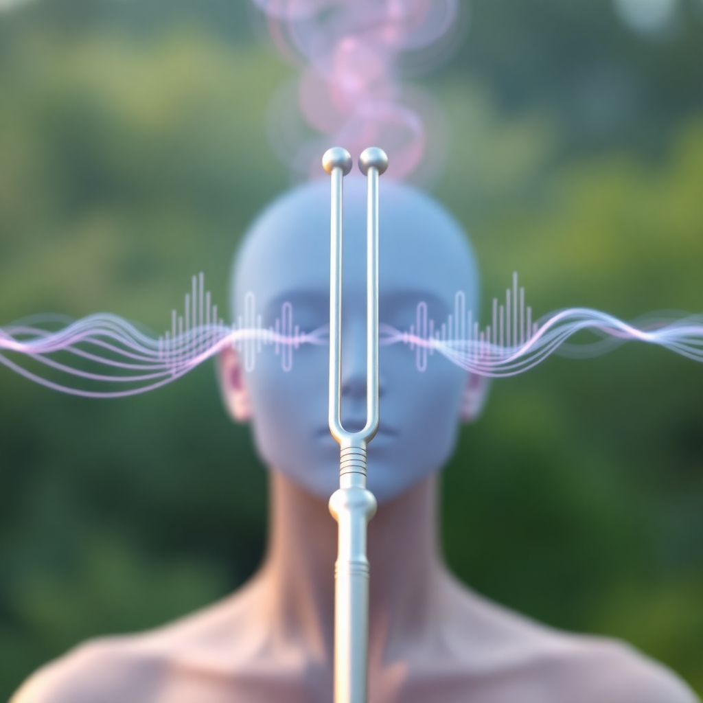 Create a photorealistic image depicting sound waves emanating from a tuning fork, interacting with a human aura represented by swirling colors. The background should be a serene, natural setting. The color palette should include soft blues, greens, and pinks. The camera angle should be a close-up, focusing on the tuning fork and the aura. Style references include scientific visualizations of sound waves and energy fields. Emphasize the feeling of harmony and balance. The lighting should create a sense of peace and tranquility.