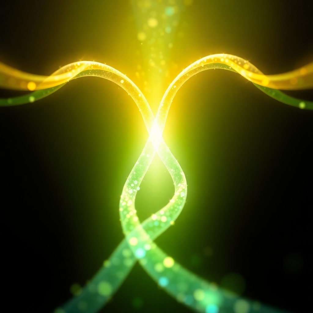 Create a photorealistic image that represents the core of our mission. Visualize three intertwined strands – one representing affirmations (perhaps a glowing scroll with positive words), one representing visualization (a shimmering, dreamlike scene of a healthy meal), and one representing healing frequencies (glowing sound waves). These strands should converge into a single, radiant point, symbolizing holistic health. The lighting should be bright and optimistic, using a color palette of vibrant greens, blues, and yellows. A close-up camera angle would highlight the details of each strand. Textures should be rich and detailed, from the parchment of the scroll to the shimmering of the frequencies. The style should evoke a sense of innovation, empowerment, and transformative potential, drawing inspiration from modern wellness and technology aesthetics. Render in 4K resolution with high quality.