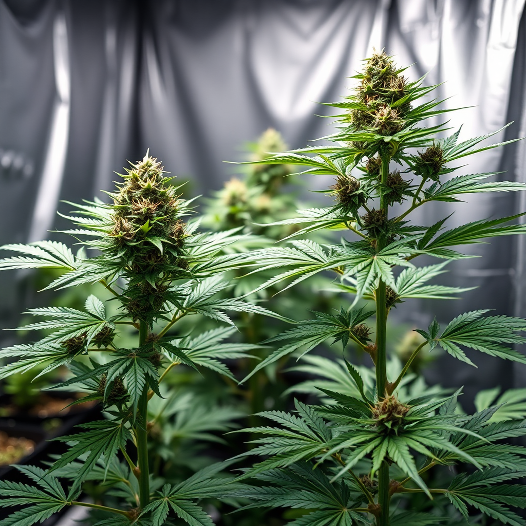 Create a photorealistic image comparing mature cannabis plants grown in Happy Frog soil versus a homemade mix. Show the plants at a comparable stage of development, with the Happy Frog plant exhibiting larger, more abundant buds and healthier foliage. The homemade mix plant, while healthy, shows slightly less vigorous growth. The background is a professional grow room with appropriate lighting. Camera angle: medium shot, focusing on the overall plant structure and bud development. Style: High-end cultivation photography.