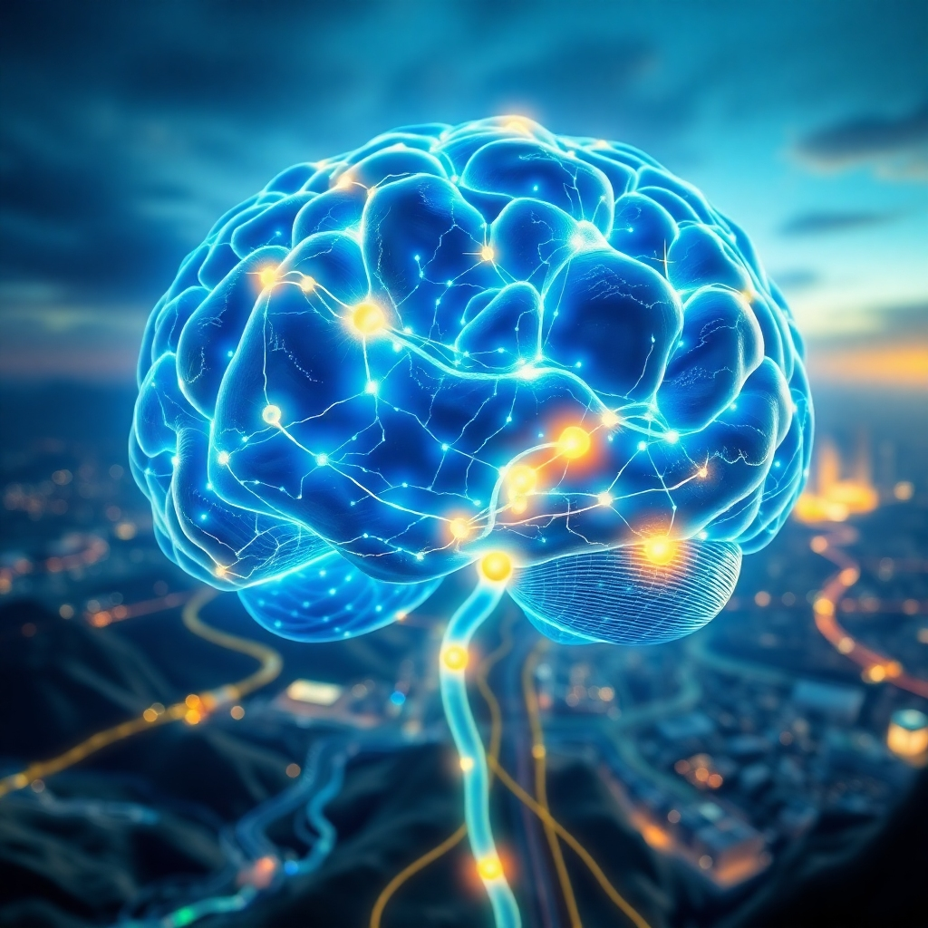 Create a photorealistic image depicting a brain with intricate neural pathways glowing with light. The background should be a landscape representing different possible futures, with pathways leading to each. The overall tone is optimistic and empowering. Use a color palette of bright blues, greens, and golds. The camera angle should be close-up, highlighting the details of the neural pathways and the contrasting futures. Style references include anatomical illustrations and futuristic cityscapes. The lighting is key to emphasize the illuminated pathways and represent the power of belief.