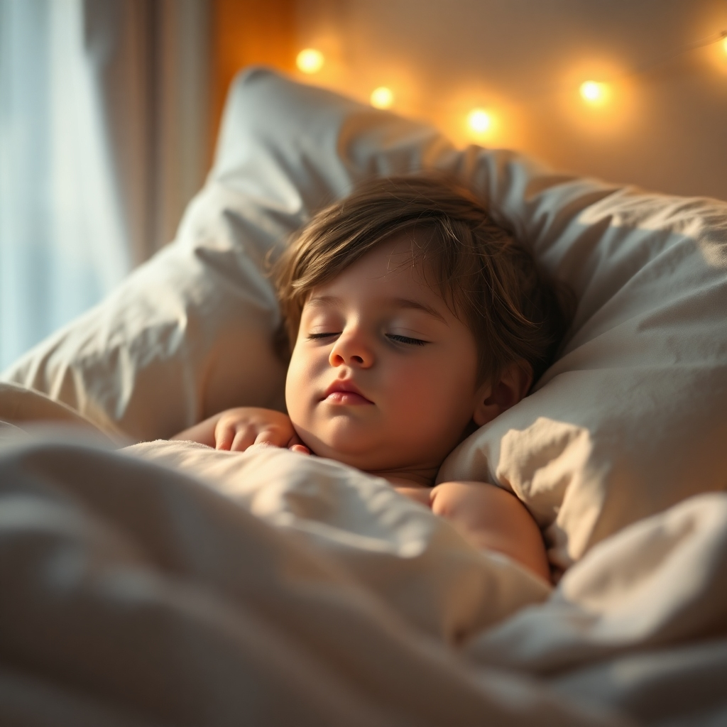 Create a photorealistic image. A child is soundly asleep in their bed.  Soft, warm light illuminates the room, casting a gentle glow.  The color palette is soft and muted, enhancing the feeling of tranquility. The camera angle is slightly elevated, providing a comforting view. Focus on the child's peaceful expression and the gentle glow of the light.