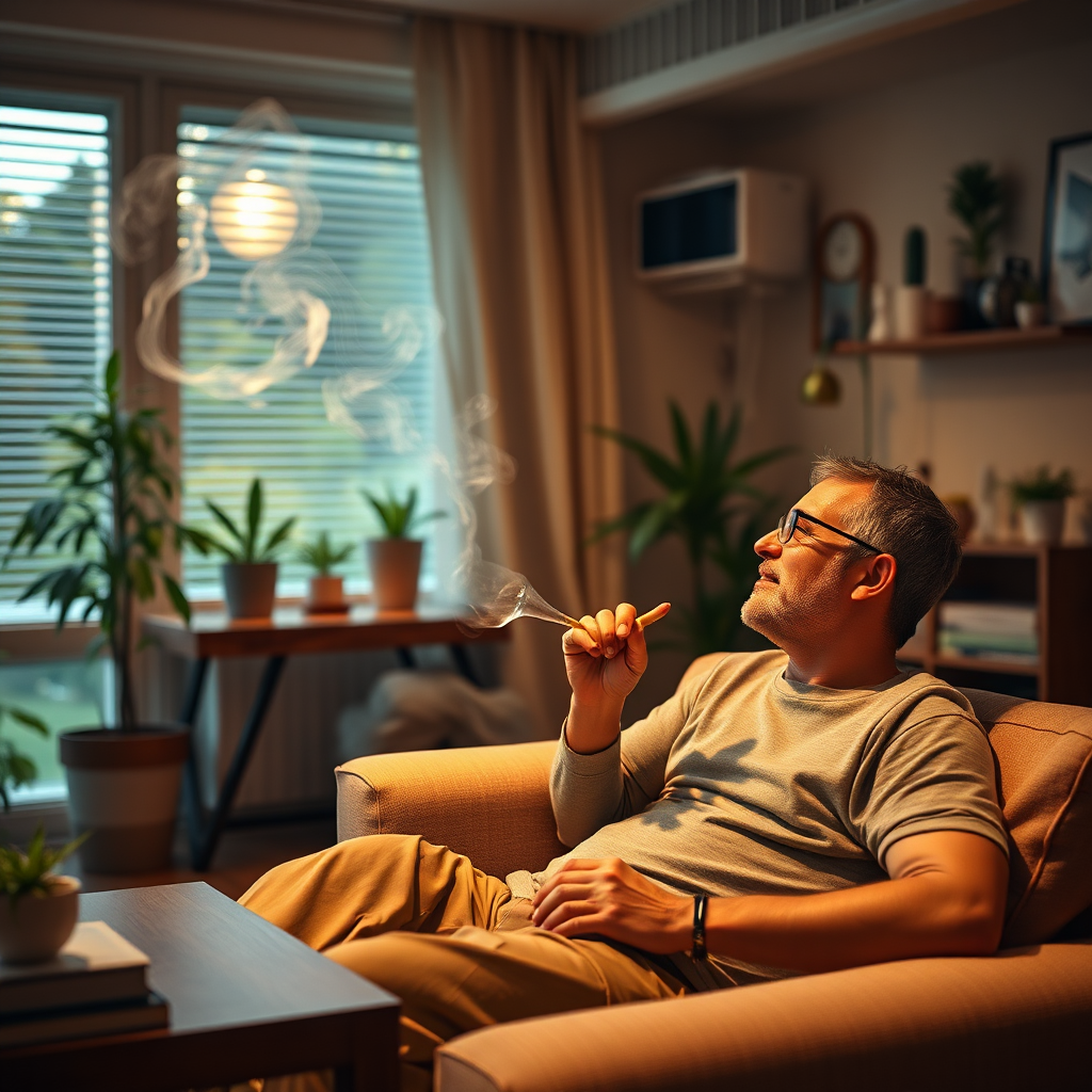 Create a photorealistic image illustrating a legal setting for cannabis consumption in Virginia. This could be a private residence with comfortable furniture and appropriate ventilation. Depict a relaxed and responsible adult enjoying cannabis. Focus on conveying safety and legality. Use warm lighting and a color palette that promotes relaxation. The style should be lifestyle-oriented, emphasizing responsible enjoyment. 4K resolution.