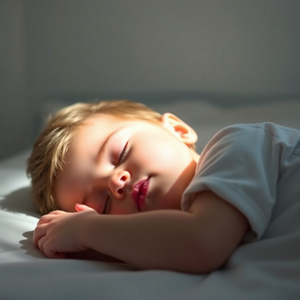 Create a photorealistic image. A child is peacefully sleeping, surrounded by a soft, gentle light.  The room is calm and serene. The color palette is soothing and comforting. The camera angle should be gentle and comforting. The image should convey a sense of deep, peaceful sleep and the benefits of combining affirmations and 777 Hz music.