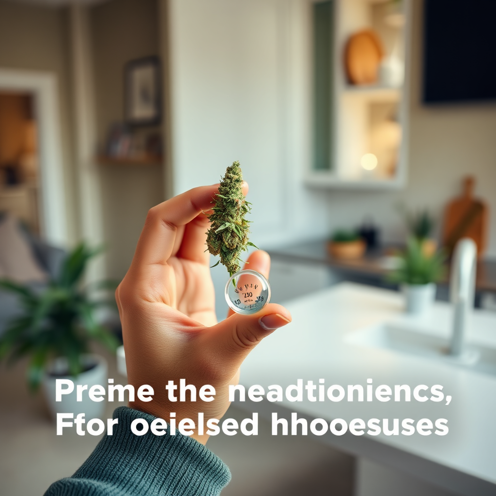 Create a photorealistic image of a hand carefully measuring cannabis flower with a small scale. The background should be a clean, modern home environment. Lighting should be soft and natural, emphasizing the detail of the flower and scale. The color palette should be warm and inviting, with greens and browns dominating. The image should promote responsible and informed consumption.