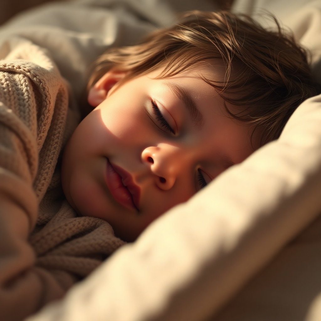 Create a photorealistic image of a sleeping child. Soft light envelops them.  Use a warm, comforting color palette. The camera angle should be close, highlighting the peaceful expression on the child's face. The image should convey the feeling of deep, undisturbed sleep. Include subtle visual elements suggesting the presence of positive energy.