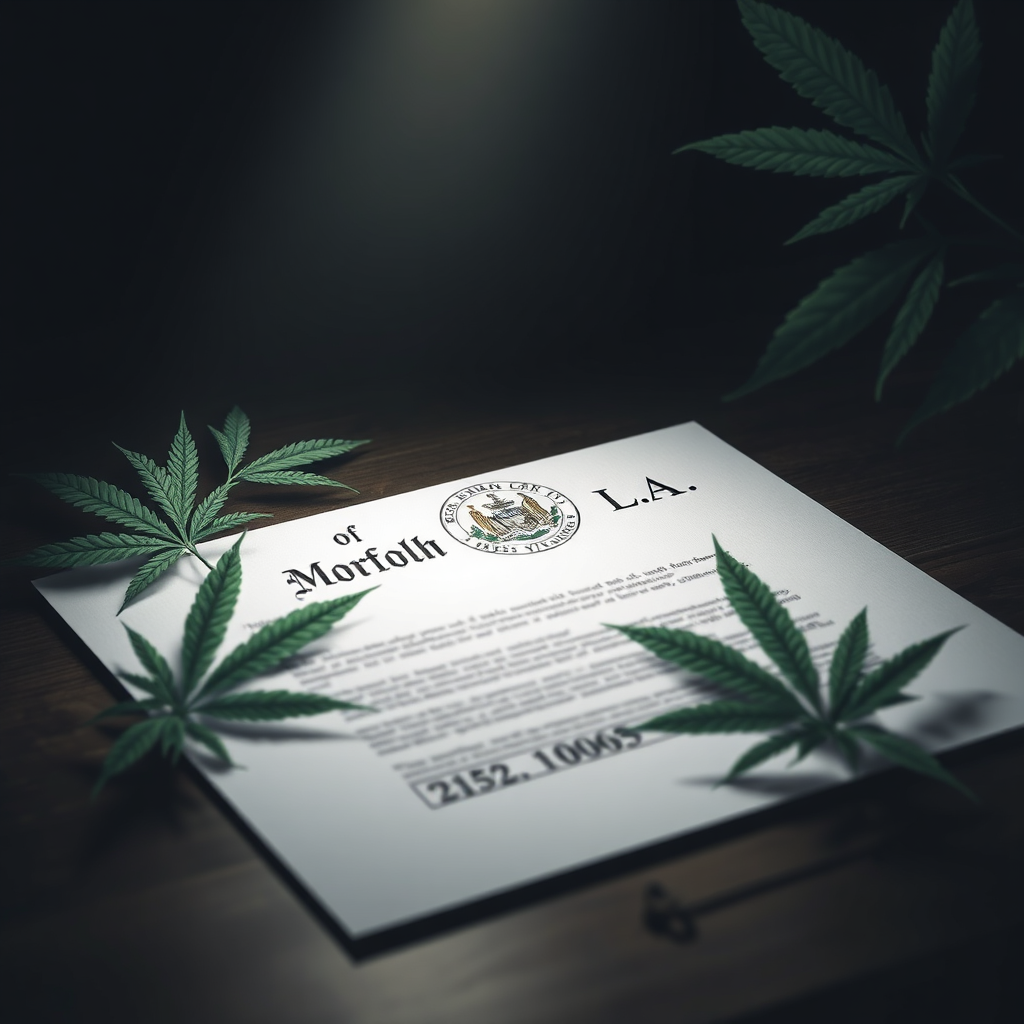 Create a photorealistic image of a legal document resting on a desk, subtly highlighted by a beam of light. The document subtly shows the seal of Norfolk, VA. Around it, incorporate abstract representations of cannabis leaves, creating a visual metaphor for the legal framework surrounding cannabis. Use a muted color palette with greens and grays to convey seriousness and legality.