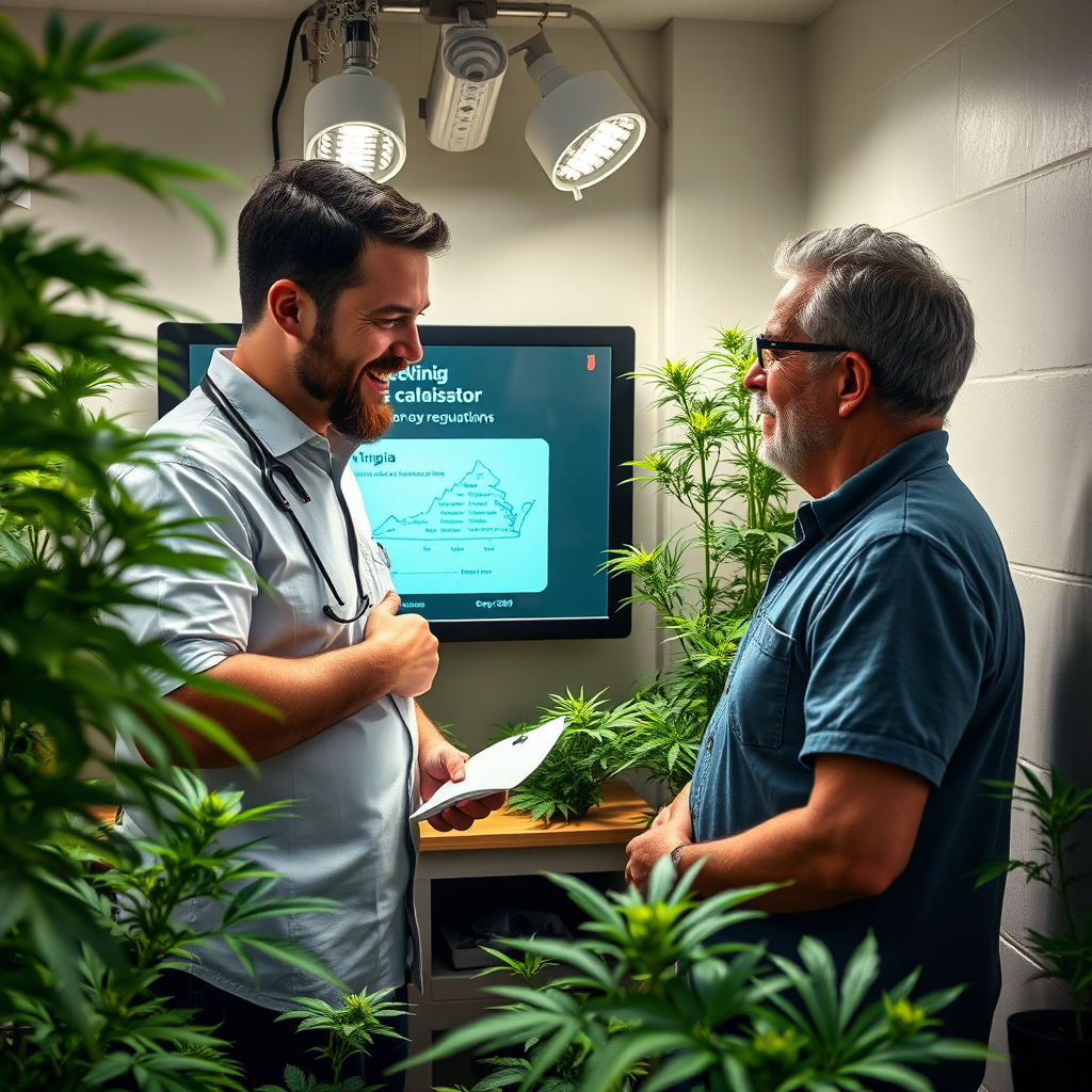 Create a photorealistic image representing Norfolk City Cannabis Hub's mission. Depict a friendly, knowledgeable cannabis expert advising a Norfolk resident in their home grow space. The grow space is clean, organized, and filled with healthy cannabis plants. The expert is pointing to a digital display showing Virginia's cannabis regulations. The color palette should be inviting and reassuring, with greens and natural tones dominating. The lighting should be soft and diffused. The camera angle should be a medium shot, focusing on the interaction between the expert and the resident. Include details like the expert's informative materials and the resident's attentive expression. The style should evoke trust, expertise, and community. 4K resolution, high quality.