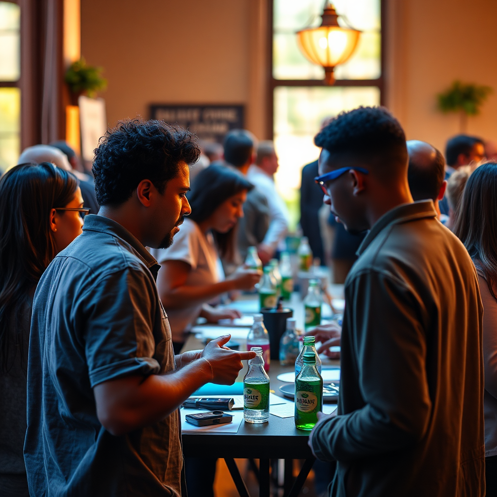 Create a photorealistic image of a community event focused on cannabis education and responsible consumption in Norfolk. The scene should show people interacting and learning in a relaxed environment. The lighting should be warm and inviting. The color palette should be vibrant and inclusive, reflecting the diversity of the community.