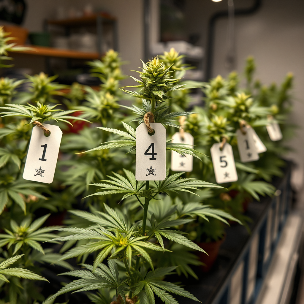 Create a photorealistic image showing cannabis plants marked with tags numbered 1-4, representing the legal limit of plants per household. The plants should be healthy and well-maintained. The background should be a clean, organized home grow space. Use natural lighting to highlight the plants. The style should be informative and practical, similar to a gardening guide. 4K resolution.