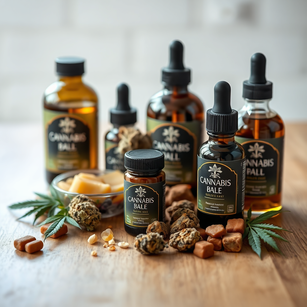 Create a photorealistic image showcasing a variety of cannabis products (flower, edibles, concentrates) arranged on a clean, wooden surface. The lighting should be soft and inviting, highlighting the different textures and colors of the products. The background should be blurred to keep the focus on the products. The color palette should be natural and appealing.