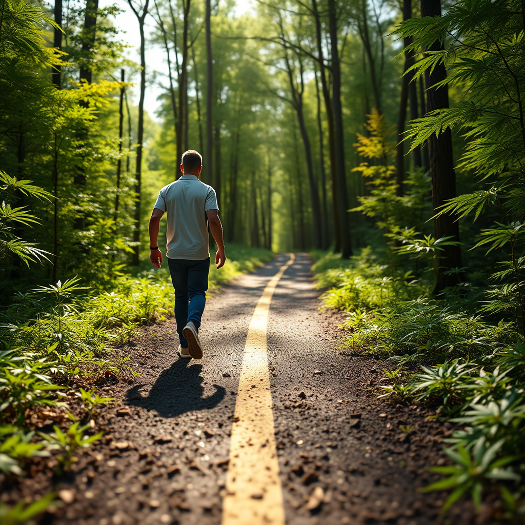 Create a photorealistic image representing compliance with cannabis laws. The image should depict a person walking confidently on a clearly marked path through a forest. The path represents legal compliance, and the surrounding trees represent the complexity of the laws. The person is looking ahead with confidence, suggesting a clear understanding of the path forward. The background should be a lush, green forest with sunlight filtering through the trees. Lighting should be bright and optimistic. Camera angle: Low angle, emphasizing the path and the person's forward momentum. Texture details: Detailed forest foliage, clear path markings, and realistic human figure. Style references: Optimistic, informative, and slightly metaphorical. Technical specs: 4K resolution, high quality rendering.