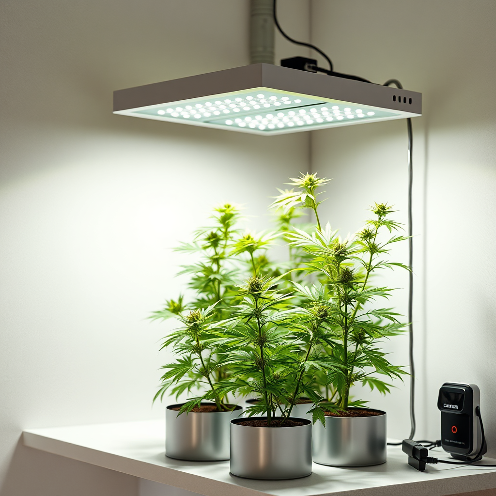 Create a photorealistic image illustrating the rules for home cannabis cultivation in Virginia. The image should depict a small, indoor grow setup with a few healthy cannabis plants under grow lights. The setup should be clean, organized, and secure, with proper ventilation and security measures in place. The background should be a simple, modern home interior. Lighting should be bright and natural, showcasing the vibrant green of the plants. Camera angle: Medium shot, showing the entire grow setup. Texture details: Detailed plant leaves, reflective grow lights, and clean surfaces. Style references: Practical, informative, and slightly DIY. Technical specs: 4K resolution, high quality rendering.
