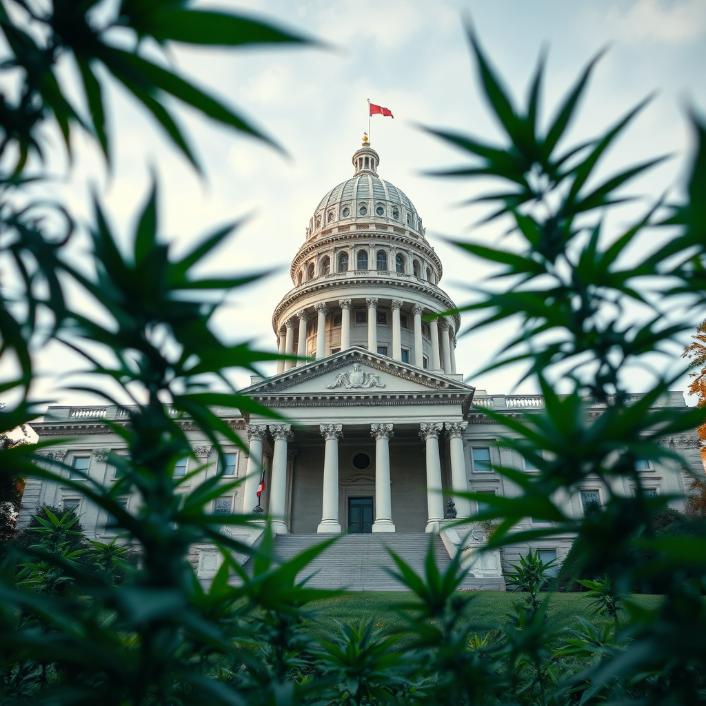 Create a photorealistic image depicting the Virginia State Capitol building with cannabis leaves subtly integrated into the landscape. The lighting should be authoritative and balanced, using a color palette of greens and grays. The camera angle should be low-angle, emphasizing the grandeur of the building. Add texture details like stone architecture and digital displays. The environment should evoke a sense of legality and governance.