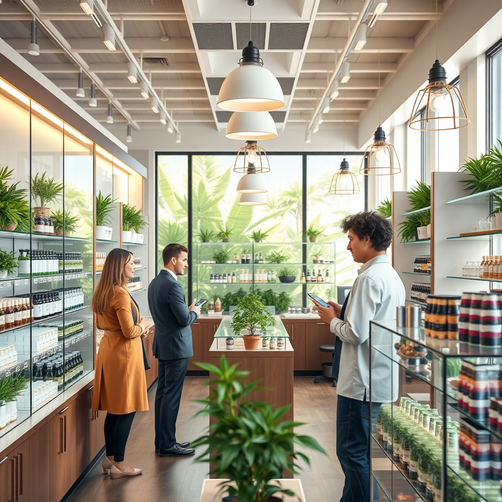 Create a photorealistic image depicting a modern, upscale cannabis dispensary in Norfolk. The scene should be bright and welcoming, with knowledgeable staff assisting customers. Focus on the diversity of products and the professional atmosphere. The color palette should be inviting, using warm tones and natural light.