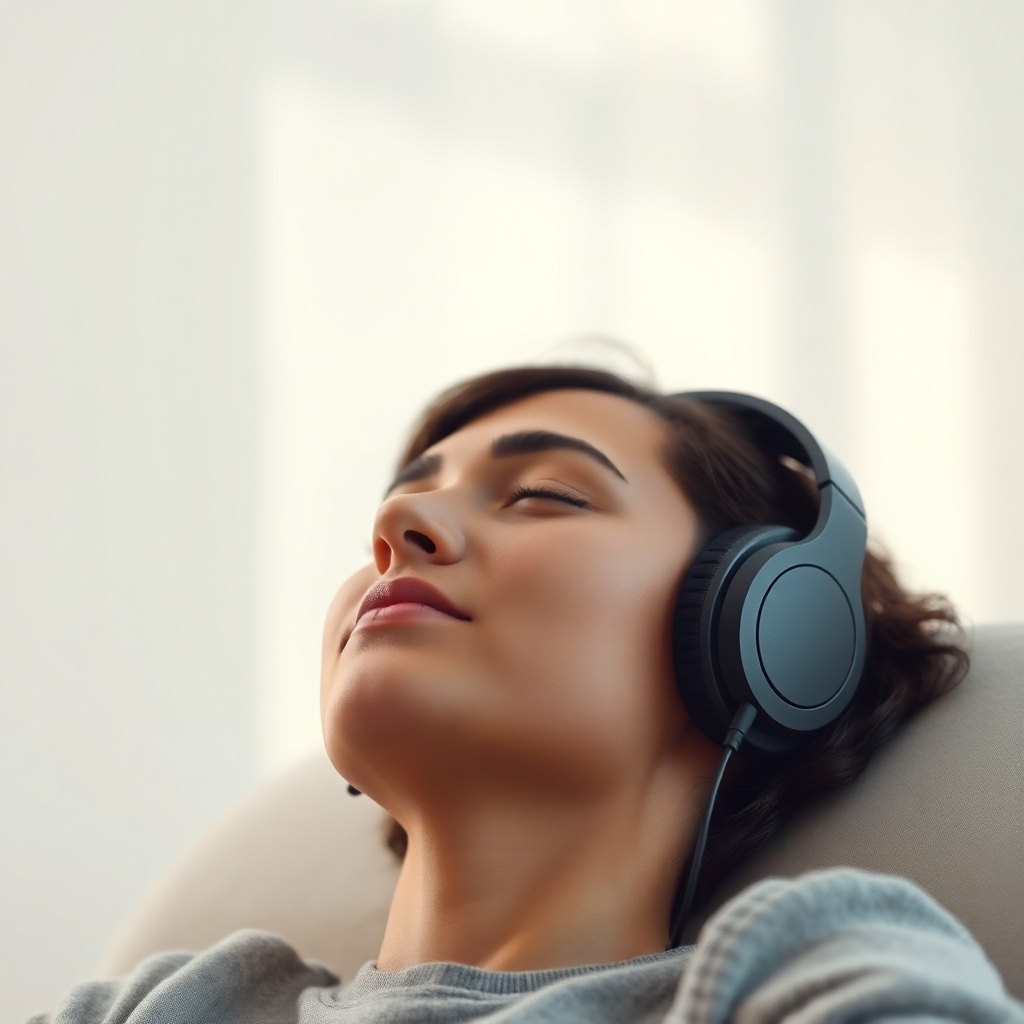 Create a photorealistic image of a person wearing headphones and relaxing with their eyes closed, engaging in a guided visualization session. The scene should be peaceful and serene, with soft lighting and calming colors. The person's expression should be one of tranquility and focus. Render in 4K resolution.