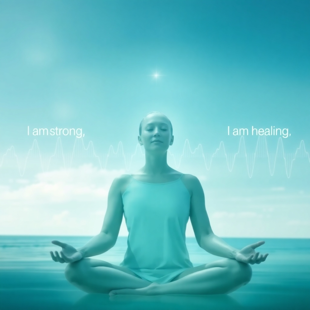 Create a photorealistic image of a person meditating in a serene environment. The person is surrounded by subtle waveforms of the 528Hz frequency. Overlay affirmations (e.g., 'I am strong', 'I am healing') as translucent text around the person. The color palette should be calming blues and greens. Focus on the person's peaceful expression and the visual representation of positive energy.