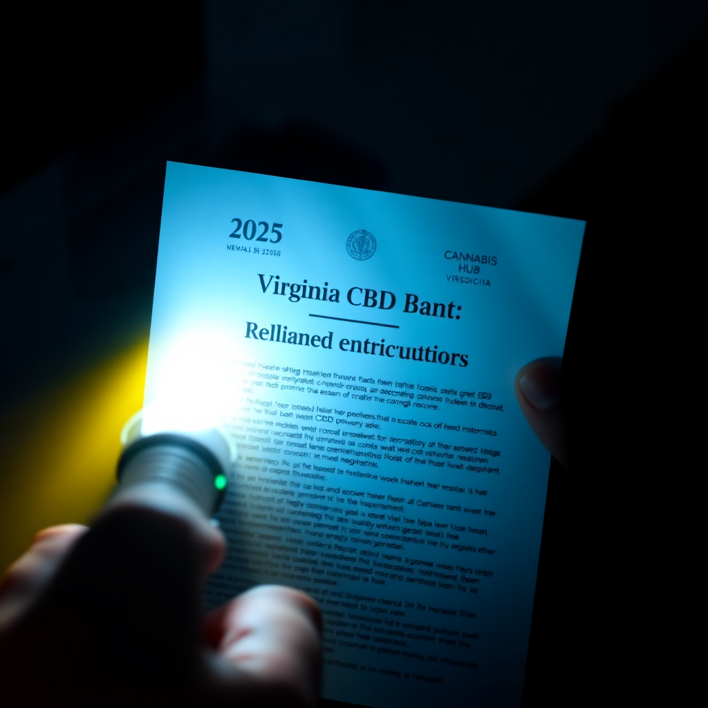 Create a photorealistic image representing Norfolk City Cannabis Hub's mission to reveal the hidden CBD ban in Virginia. The image should depict a hand holding a flashlight, shining it on a document labeled 'Virginia CBD Regulations - 2025'. The document is partially obscured by shadows. The lighting should be dramatic, with a clear contrast between light and shadow. The color palette should be primarily dark blues and greens, with a bright yellow beam of light. The camera angle should be close-up, focusing on the hand and the document. Texture details should emphasize the texture of the paper and the metallic finish of the flashlight. The environment is a dimly lit office. Style: Investigative journalism, emphasizing truth and clarity. Technical specs: 4K resolution, high quality.
