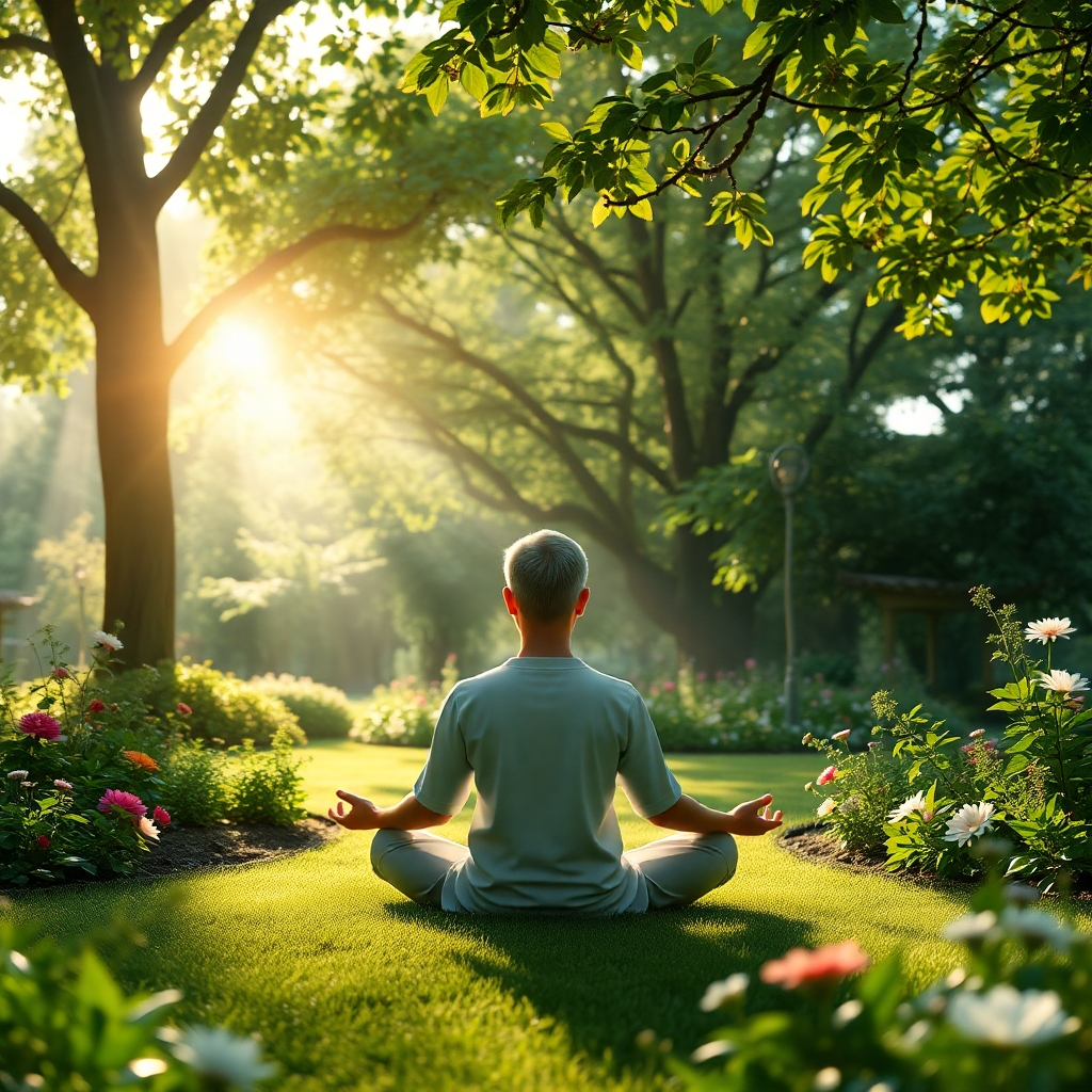 Create a photorealistic image of a person meditating in a serene garden. The sunlight filters through the trees, creating a peaceful and calming atmosphere. The person is surrounded by lush greenery and blooming flowers. Style reference: zen garden, mindful tranquility. Technical specs: High quality rendering.