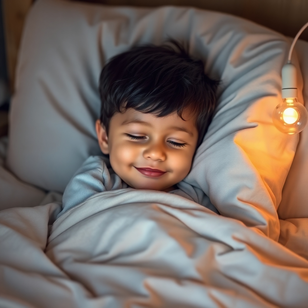 Create a photorealistic image of a child comfortably nestled in bed, listening to a guided meditation.  Focus on the peaceful expression on the child's face and the soft, warm lighting in the room.  Incorporate elements that subtly represent the calming nature of the meditation. The overall style should be soothing and comforting.