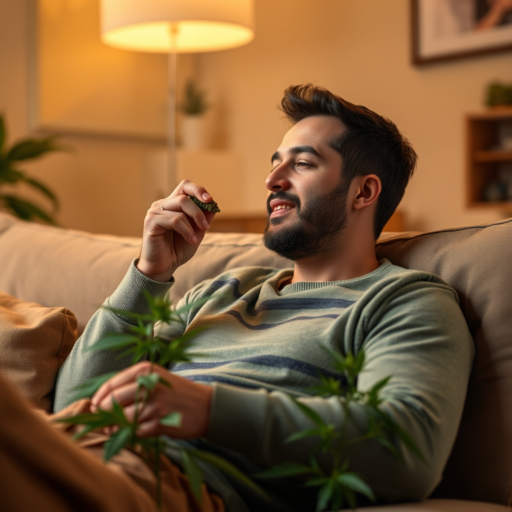 Create a photorealistic image representing legal cannabis consumption guidelines in Virginia. The image should depict a responsible adult enjoying cannabis in a private residence (e.g., on a comfortable couch with soft lighting). The setting should be clean, relaxed, and safe, with no indication of public consumption or other illegal activities. The focus should be on responsible and informed enjoyment. Color palette: Warm, inviting tones of browns, greens, and yellows. Camera angle: Medium shot, capturing the atmosphere and the subject's relaxed demeanor. Texture details: Soft fabrics, warm lighting, and realistic facial expressions. Style references: Relaxed, responsible, and modern. Technical specs: 4K resolution, high quality rendering.