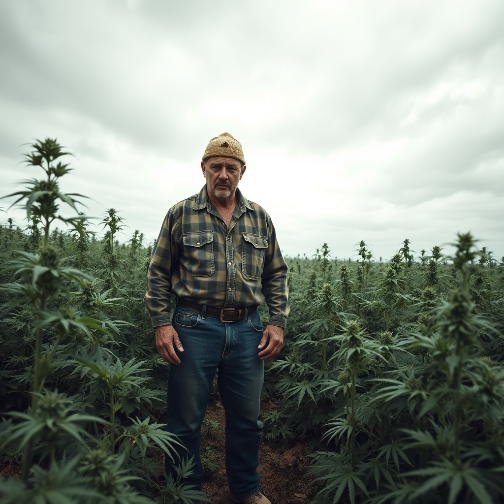Create a photorealistic image of a distressed hemp farmer standing in a field of hemp plants. The plants look healthy, but the farmer appears concerned. The sky is overcast and gloomy. The camera angle is a wide shot, showcasing the field and the farmer. Style: Documentary-style photography. Technical specs: High quality, detailed rendering.