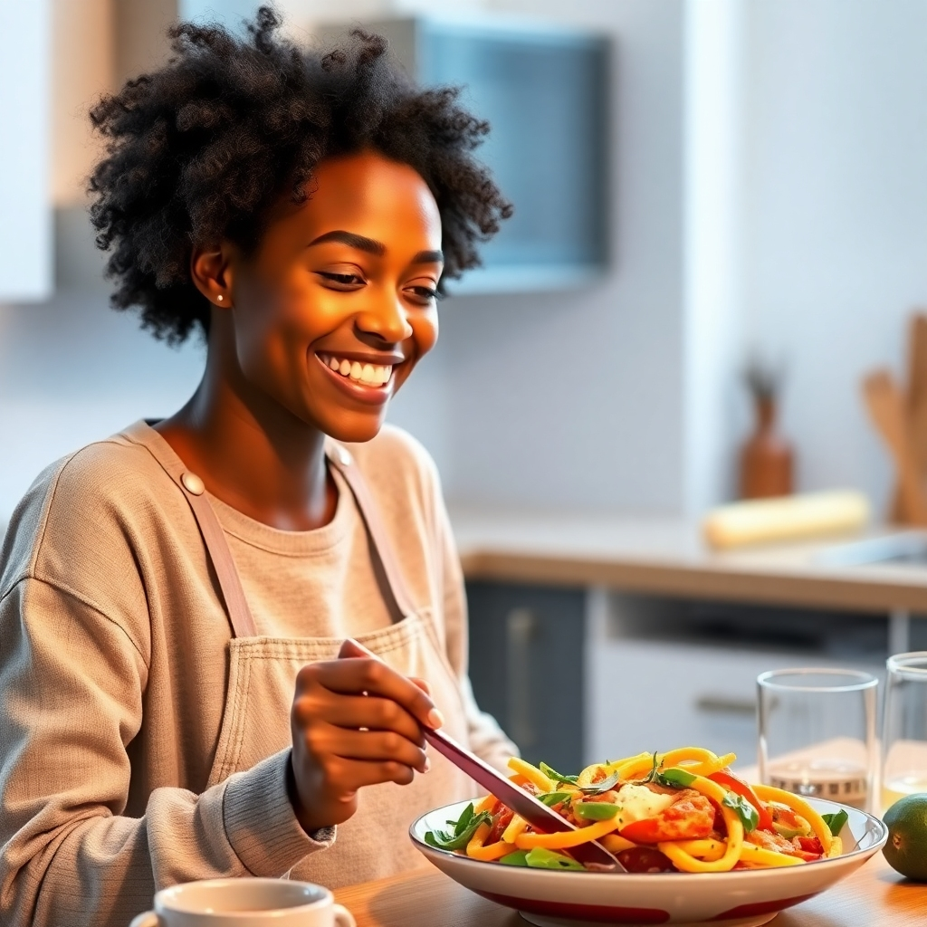 Create a photorealistic image depicting a person vividly visualizing themselves preparing and enjoying a healthy meal. The person should be smiling and confident. The meal should be beautifully presented and appetizing. The background should be a bright and clean kitchen setting. The lighting should be warm and inviting. Render in 4K resolution.