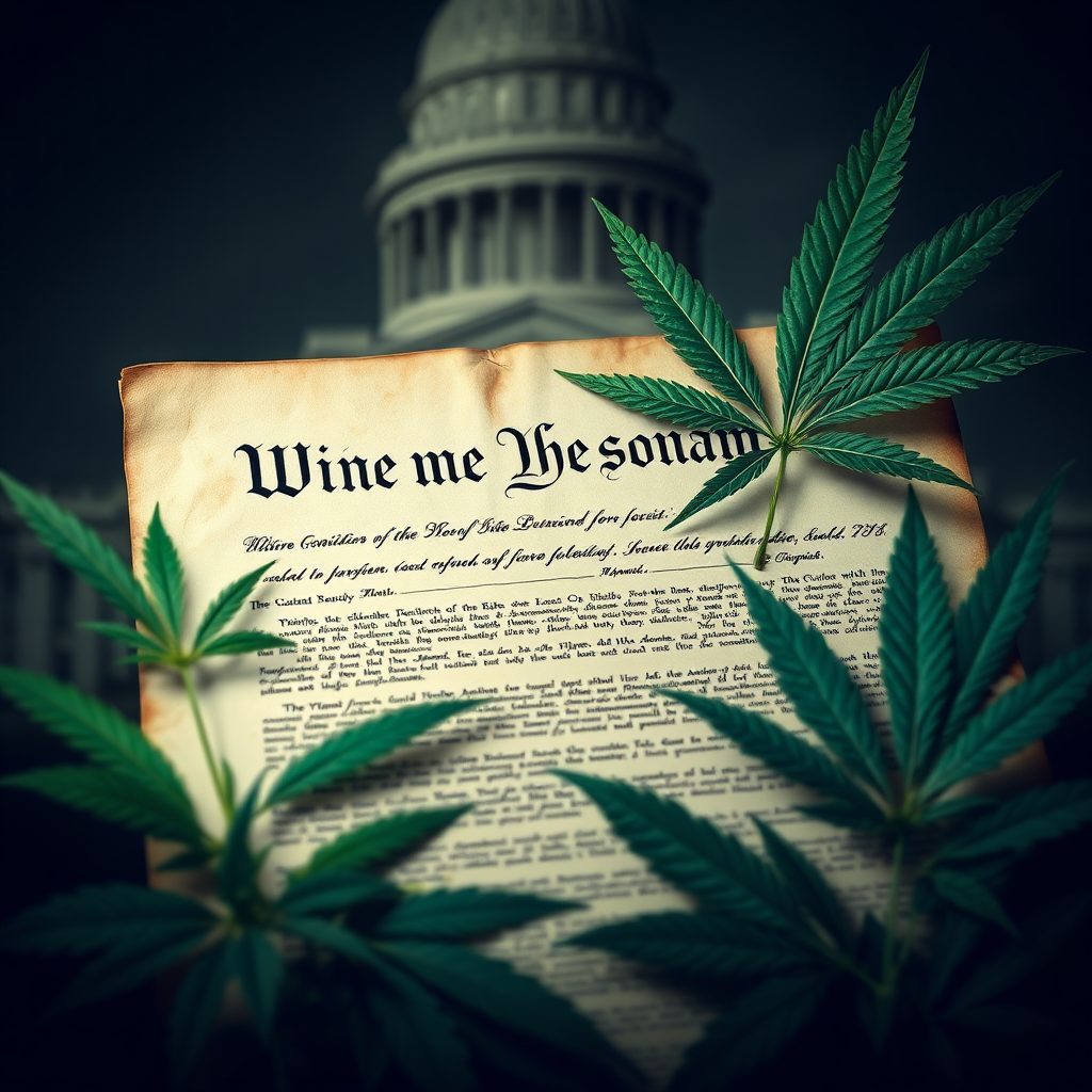 Create a photorealistic image of the Virginia state constitution with cannabis leaves subtly overlaid. The document should appear aged but well-preserved. Lighting should be focused on the document, emphasizing its importance. The background should be a blurred image of the Virginia State Capitol Building. The color palette should be muted and authoritative, with greens and browns dominating. Reference a classical, academic style.