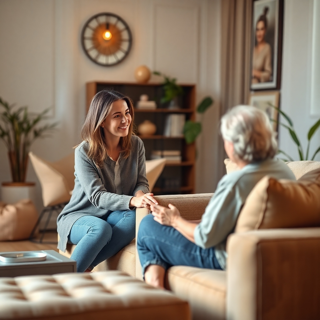 Create a photorealistic image showing a therapist guiding a client through a visualization exercise. The scene should be peaceful and calming, with soft lighting and comfortable furniture. The color palette should be warm and inviting. The camera angle should be a medium shot, focusing on the interaction between the therapist and the client. Style references include interior design and lifestyle photography. Emphasize the feeling of trust and support.
