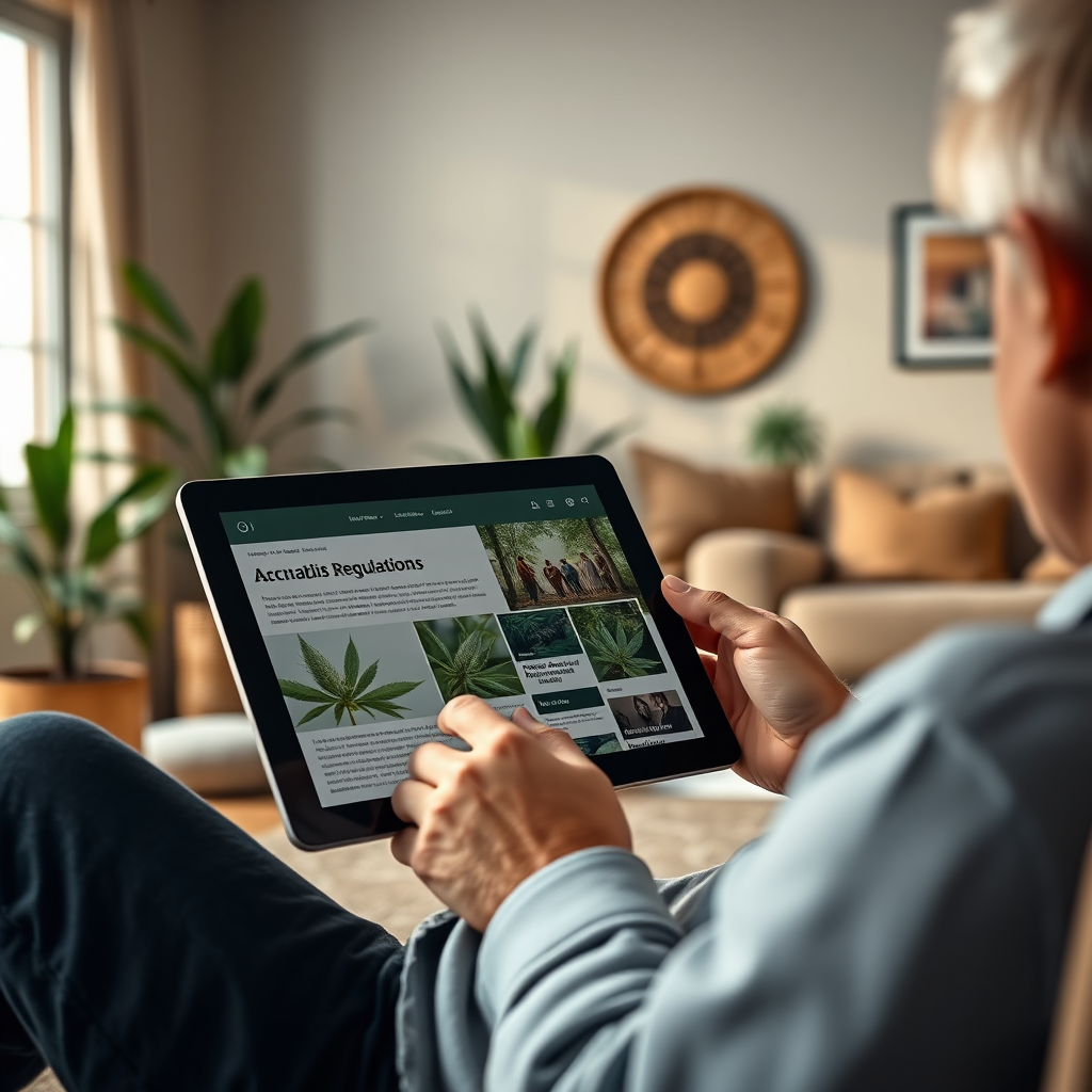 Create a photorealistic image depicting a person reading a digital news article about cannabis regulations on a tablet. The scene is set in a modern living room with plants and comfortable furniture in the background. Lighting should be warm and inviting. The color palette is natural and earthy, with pops of green and blue. Camera angle is mid-range, capturing the person's relaxed posture. Use a style similar to lifestyle photography. The overall feeling should be relaxed and informative.