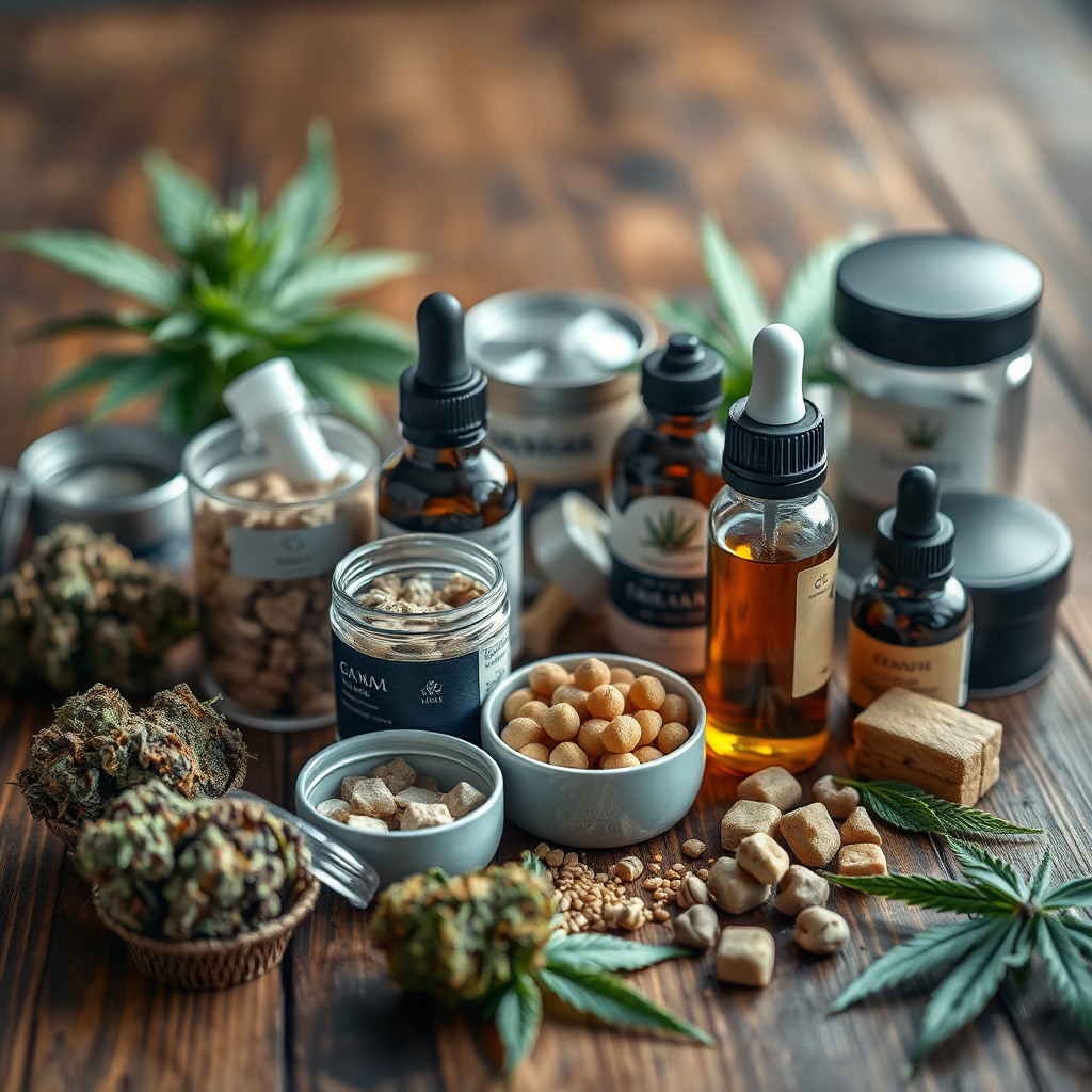 Create a photorealistic image showcasing a variety of cannabis products (flower, edibles, concentrates) arranged artfully on a wooden table. Focus on the textures and colors of each product, highlighting their unique characteristics. The lighting should be soft and inviting, creating a sense of curiosity and exploration.