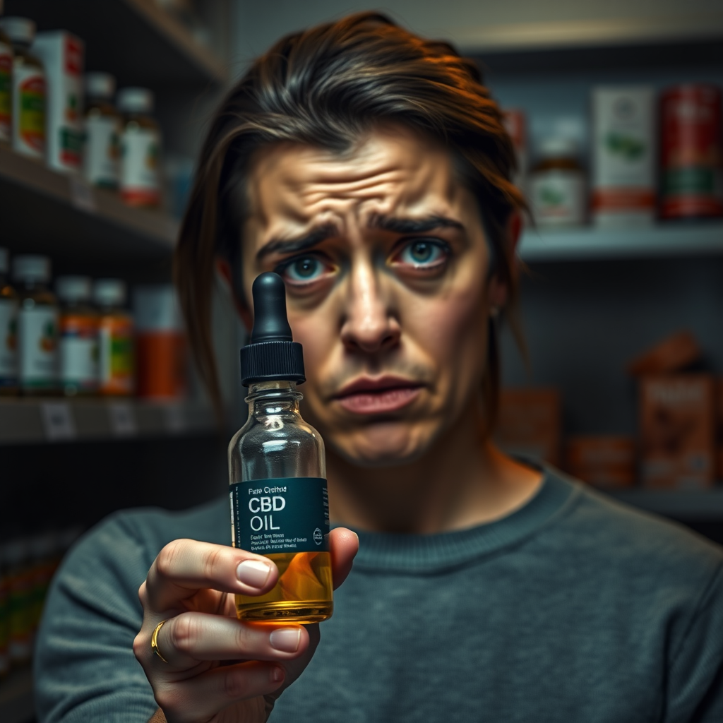 Create a photorealistic image of a person looking distraught, holding an empty CBD oil bottle. The background is a blurred pharmacy shelf. The lighting is dim and somber. The camera angle is a medium close-up, focusing on the person's face and the empty bottle. Style: Realistic, emotional portrait. Technical specs: High quality, detailed rendering.