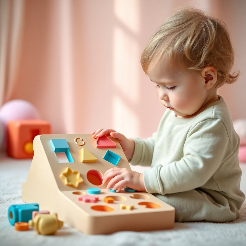 Create a photorealistic image showing a child engaged with a tactile shape sorter toy, set against a backdrop featuring soft pastel colors and natural light. The child's focus and gentle interaction with the toy should be prominently showcased.