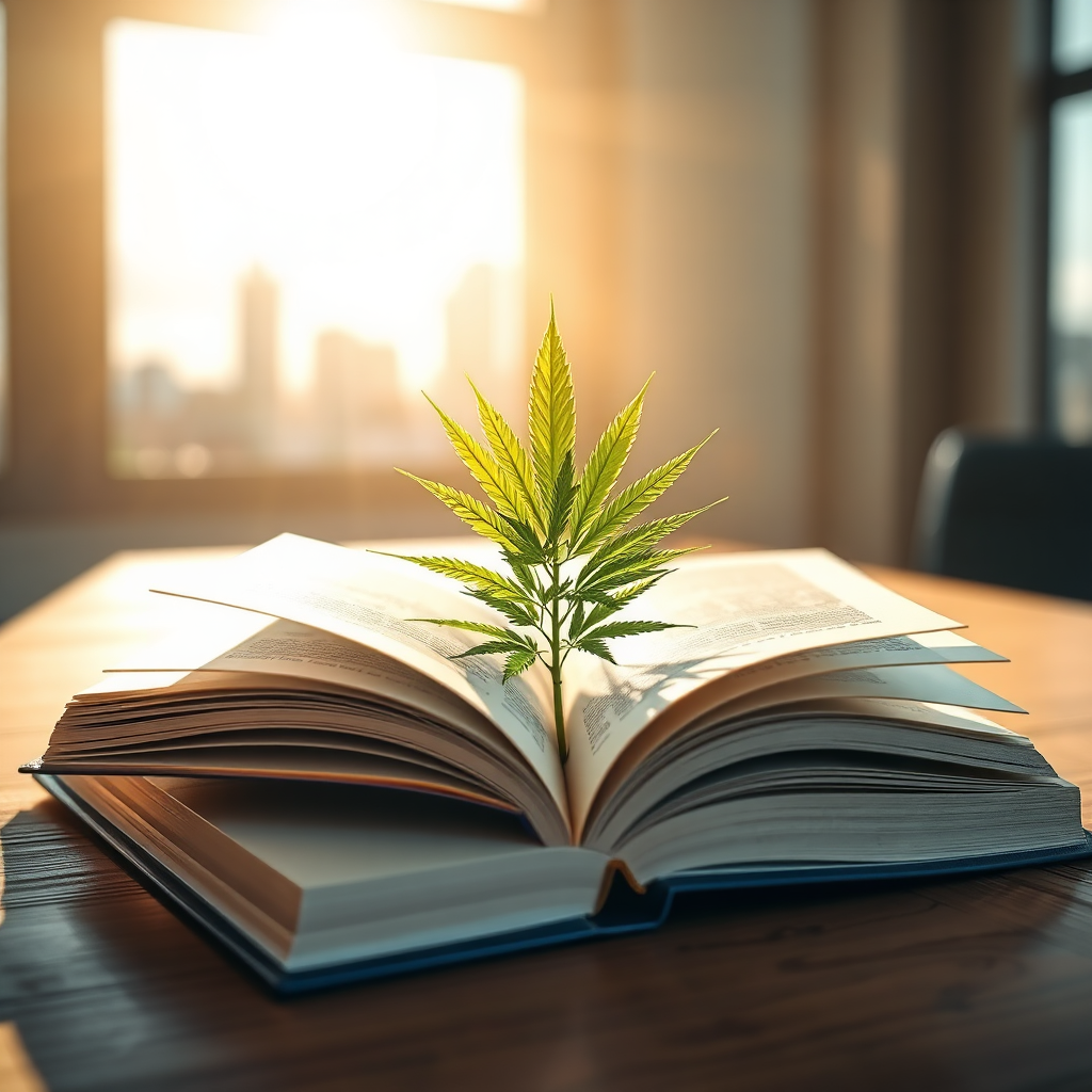 Create a photorealistic image for the "About Us" section, visualizing the mission of Norfolk City Cannabis Hub. The image should depict an open book resting on a wooden table, bathed in natural light. Emerging from the pages of the book is a vibrant, stylized cannabis plant, its leaves reaching towards the light. In the background, subtly display the Norfolk city skyline. The composition should be clean and inviting, with a focus on clarity and understanding. Color palette: Natural greens and browns, with highlights of sunlight. Camera angle: Eye-level, slightly angled to emphasize the depth of the book and the plant. Texture details: Realistic wood grain, crisp page texture, and vibrant leaf details. Style references: Clean, modern, and slightly academic. Technical specs: 4K resolution, high quality rendering.