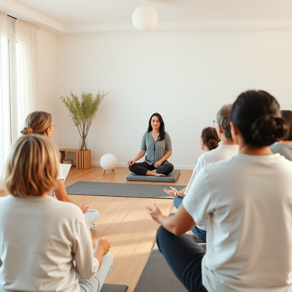 Create a photorealistic image of a group of people participating in a guided visualization session, led by an instructor. The setting should be a peaceful and calming studio space. Use soft, diffused lighting. Render in 4k.