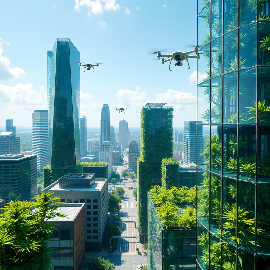 Create a photorealistic image representing the future of cannabis in Virginia. The image should depict a futuristic cityscape with skyscrapers made of transparent glass, and lush green cannabis plants integrated into the architecture (e.g., vertical gardens). Drones are flying through the city, perhaps delivering cannabis products. The overall image conveys a sense of innovation, integration, and responsible use. Color palette: Primarily greens, blues, and silvers, creating a futuristic and optimistic feel. Camera angle: Wide shot, capturing the scope of the futuristic cityscape. Texture details: Detailed building facades, lush plant foliage, and sleek drone designs. Style references: Futuristic, integrated, and responsible. Technical specs: 4K resolution, high quality rendering.
