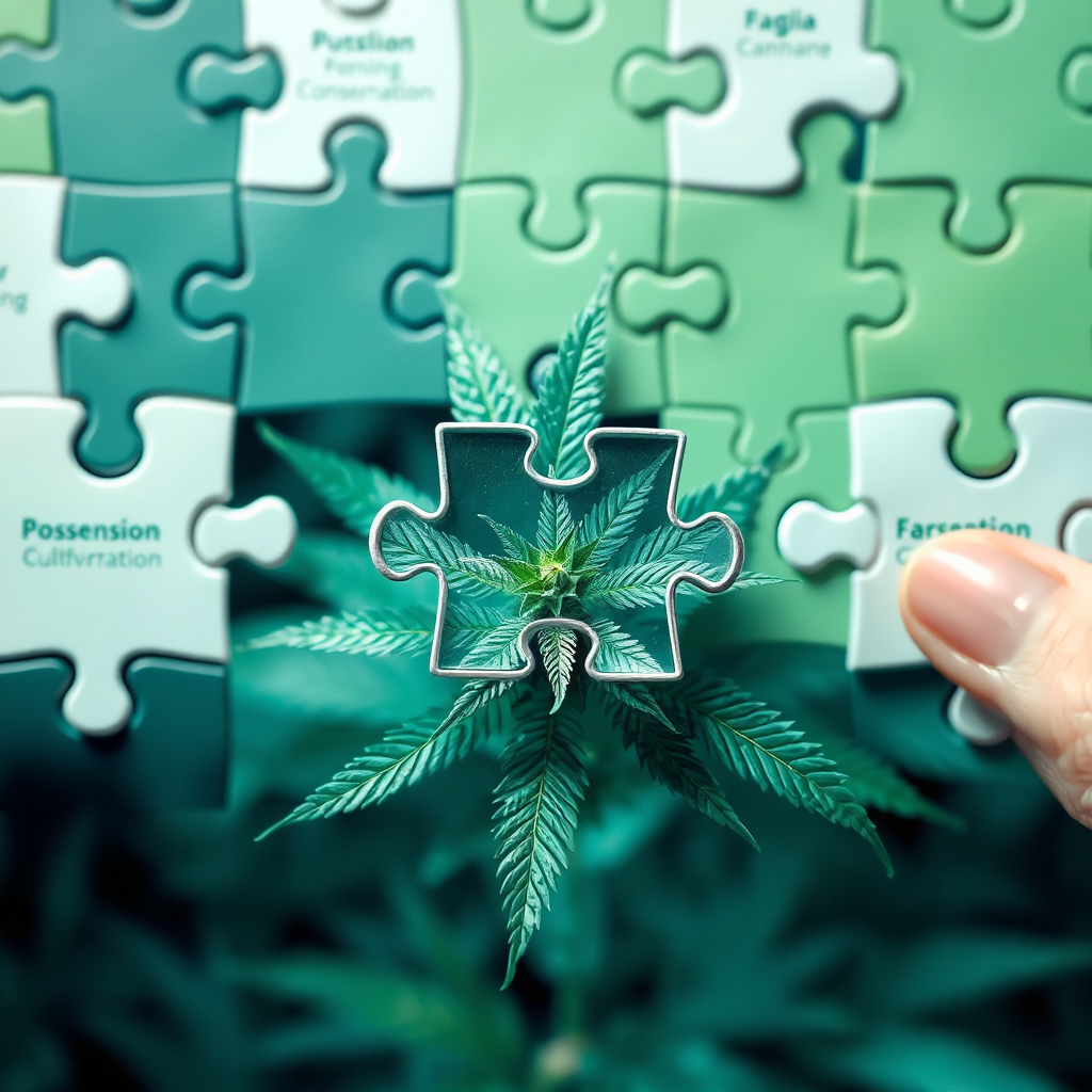 Create a photorealistic image symbolizing decoding cannabis regulations in Virginia. The image should depict a complex jigsaw puzzle with pieces representing different aspects of the law (possession, cultivation, consumption). One piece is being carefully placed into the puzzle, completing a section of the image, which reveals a clear, unobstructed view of a healthy cannabis plant. The overall image conveys a sense of complexity and the importance of understanding the regulations. Color palette: Primarily greens and blues, with hints of other colors representing different legal areas. Camera angle: Overhead shot, showing the puzzle from above. Texture details: Puzzle piece texture, plant leaves, and subtle highlights. Style references: Complex, informative, and slightly abstract. Technical specs: 4K resolution, high quality rendering.