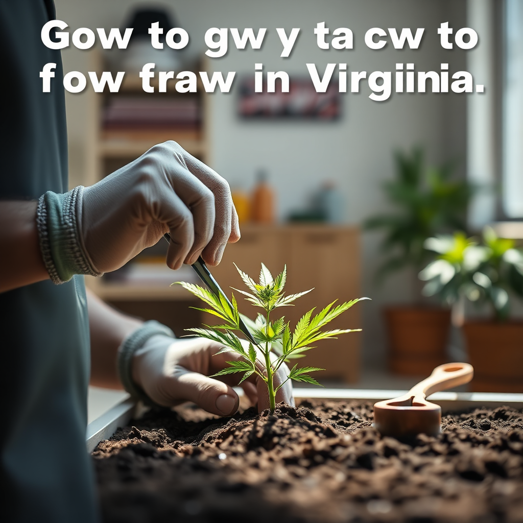 Create a photorealistic image illustrating the legal path to growing cannabis in Virginia. The image should depict a person carefully tending to a small cannabis plant in a well-lit indoor setting. The person should be wearing gardening gloves and using appropriate tools, demonstrating responsible cultivation. The background should be a clean, organized home environment. Lighting should be bright and natural, highlighting the plant's vibrant green leaves. Camera angle: Medium shot, showing the person and the plant. Texture details: Detailed plant leaves, gardening tools, and soil texture. Style references: Practical, responsible, and nurturing. Technical specs: 4K resolution, high quality rendering.