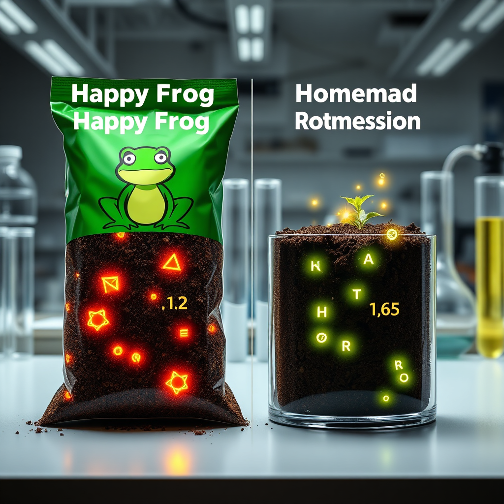 Create a photorealistic image comparing the nutrient profiles of Happy Frog soil and a typical homemade cannabis soil mix. Use a split-screen composition. On the Happy Frog side, visually represent readily available nutrients (nitrogen, phosphorus, potassium) using glowing particles. On the homemade side, depict the same nutrients, but with varying levels and perhaps some deficiencies. The background should be a laboratory setting with test tubes and scientific equipment. The lighting should be bright and analytical. The angle should be slightly elevated to show the visual contrast effectively. Style: Infographic style, using realistic representations of the chemical elements.