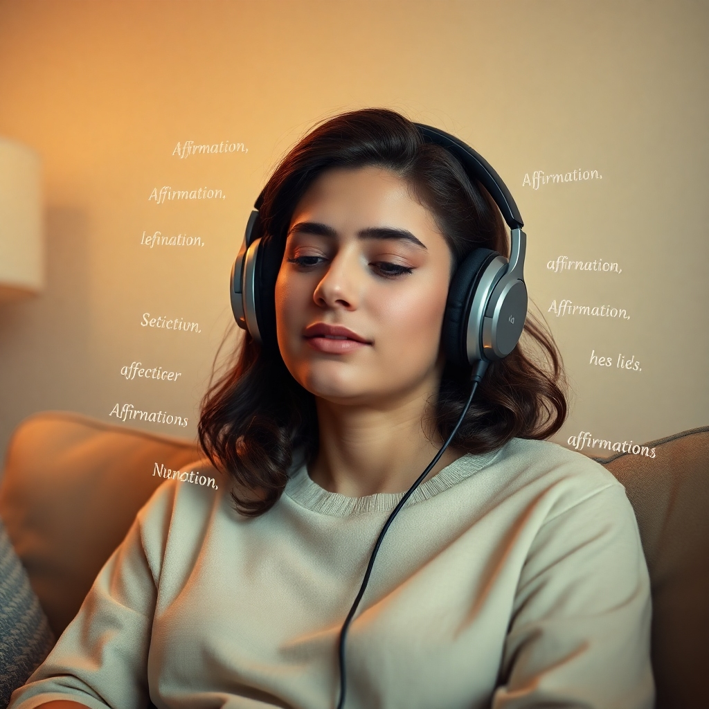 Create a photorealistic image of a person wearing headphones and listening to an audio recording, with a visual representation of affirmations floating around them. The scene should be comfortable and inviting. Use warm colors and soft lighting. Render in 4k.