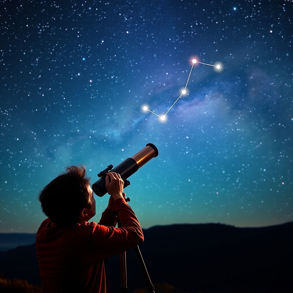 Create a photorealistic image of a person using a telescope to gaze at a starry night sky. They see a clear path forward, visualized as a constellation forming the shape of their desired goal. The sky is filled with vibrant colors and swirling galaxies. Style reference: optimistic futurism. Technical specs: High quality rendering.