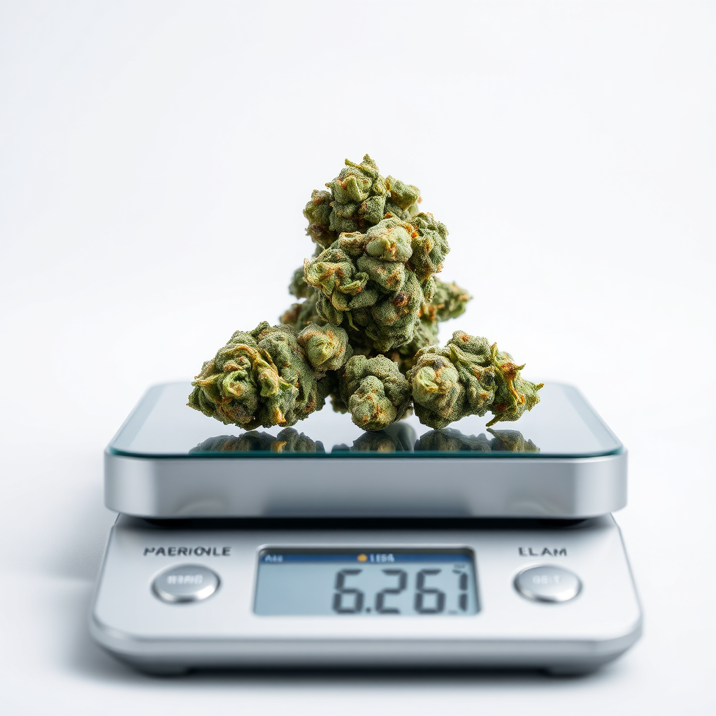 Create a photorealistic image representing legal cannabis possession limits in Virginia. The image should feature a precisely measured amount of cannabis flower (legal limit) displayed on a modern digital scale against a neutral background. Soft, even lighting should highlight the texture of the flower and the clarity of the scale's display. The composition should be clean and scientific, conveying accuracy and compliance. Color palette: Natural greens, soft grays, and subtle metallic accents. Camera angle: Close-up, focusing on the scale and the cannabis. Texture details: Crisp flower details and a clear scale display. Style references: Modern, minimalist, and informative. Technical specs: 4K resolution, high quality rendering.