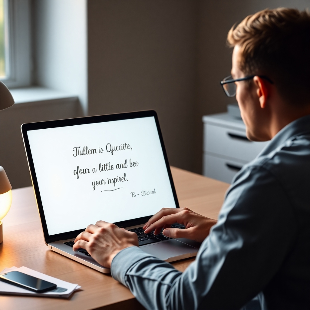 Create a photorealistic image of a person sitting at a desk, working on a laptop. On the screen, a personalized affirmation is displayed in elegant typography. The person looks focused and inspired. Style reference: modern minimalism. Technical specs: High quality, detailed rendering.