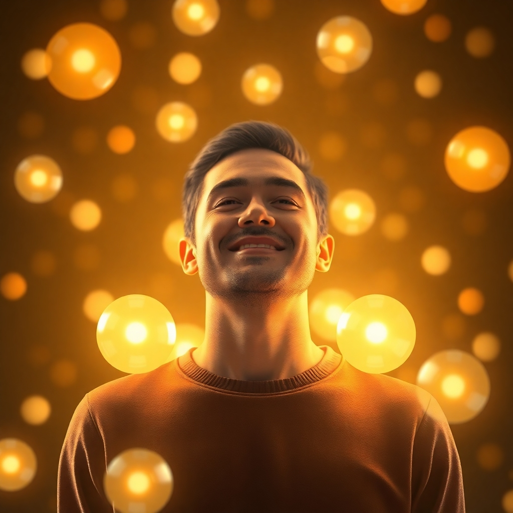 Create a photorealistic image of a person surrounded by glowing orbs, each representing something they are grateful for – family, friends, health, opportunity. The lighting should be warm and inviting, creating a sense of abundance and joy. The person should appear peaceful and content. Style reference: spiritual realism. Technical specs: High quality, detailed rendering.